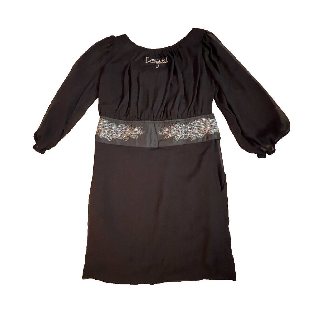 Desigual Black Dress EU 42 US L Peacock Embroidery Veil Sheer Sleeves Rochie - Picture 7 of 16
